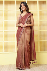 Wine Color Matelic Tissue Sequins &amp; Zari Embroidered Saree with Readymade Blouse