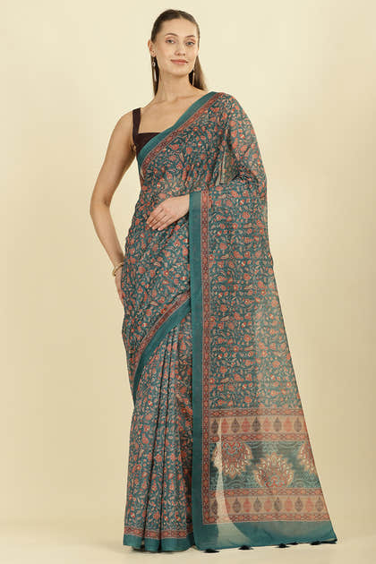 Teal Green Floral Printed Cotton Silk Saree