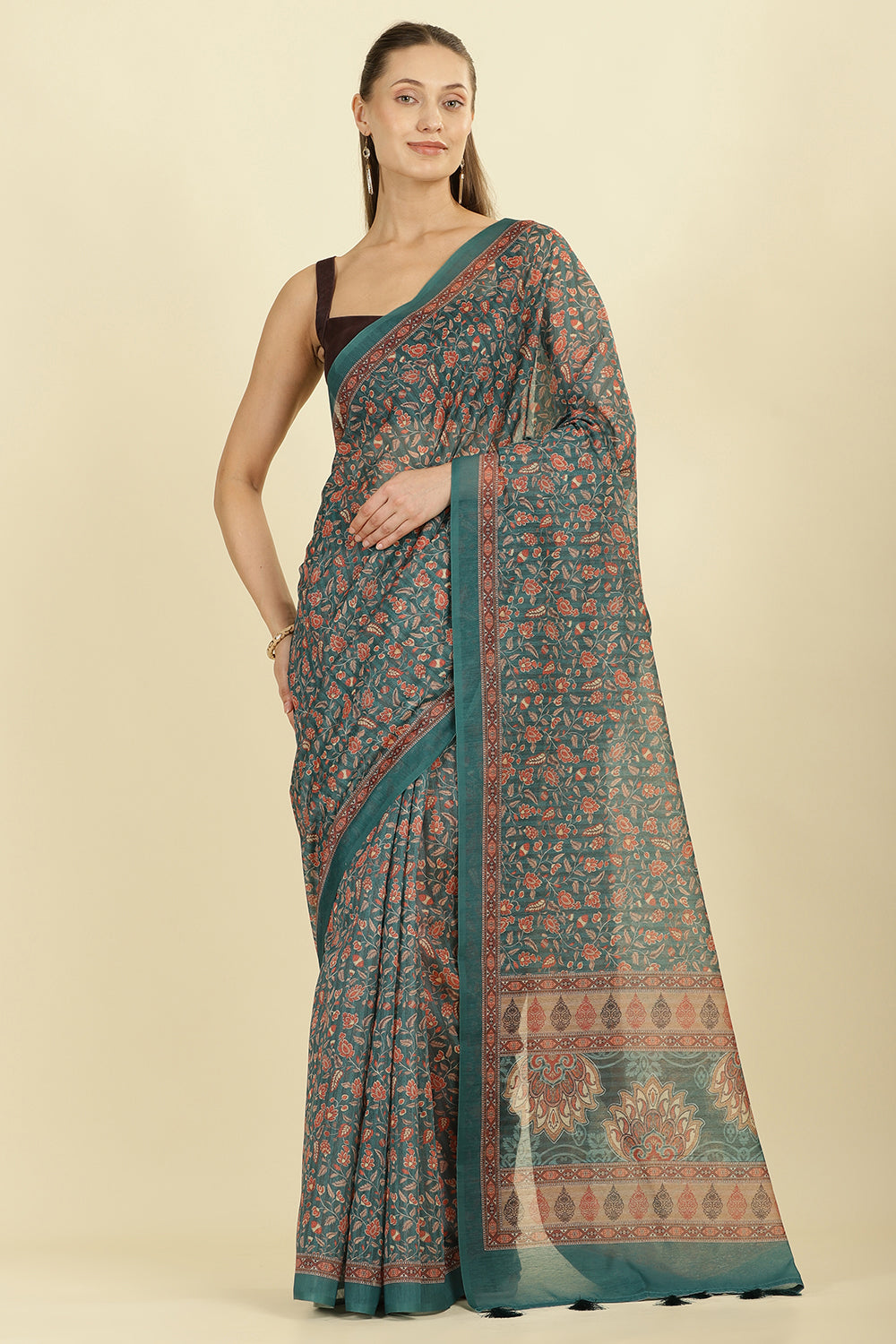 Teal Green Floral Printed Cotton Silk Saree