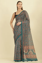 Teal Green Floral Printed Cotton Silk Saree