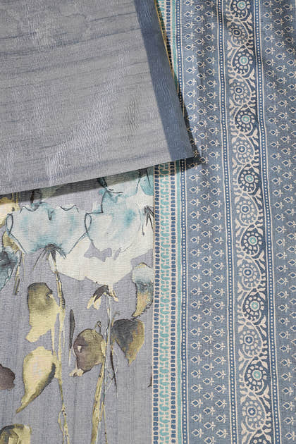 Bluish Grey Floral Printed Tussar Silk Saree
