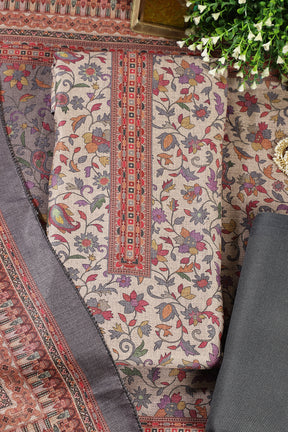 Grey Color Pashmina Floral Printed Unstitched Suit Fabric