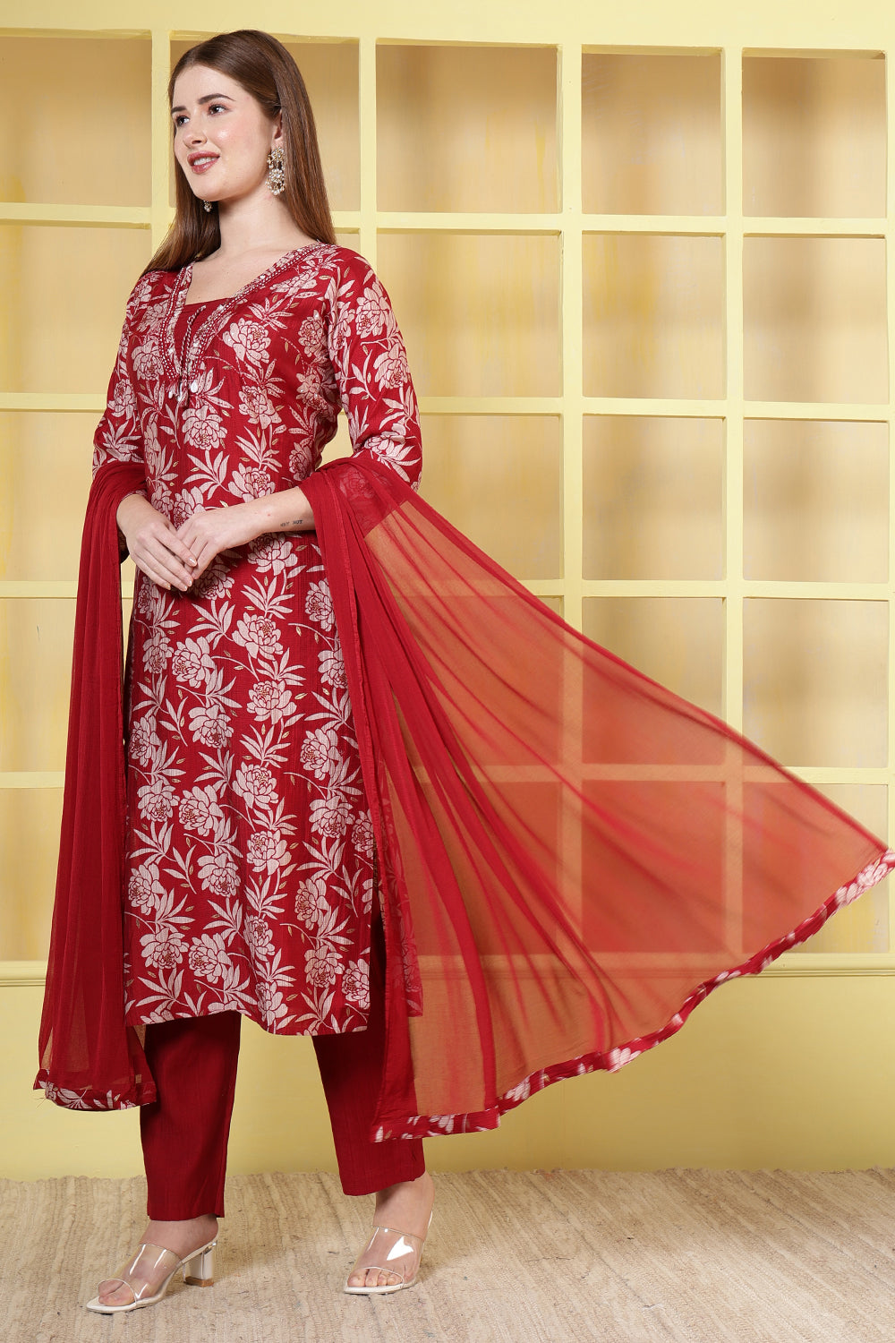 Maroon Floral Printed Cotton Suit Set