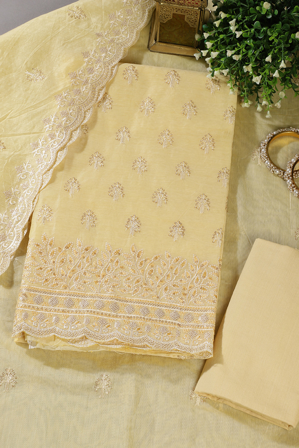 Pale Yellow Chanderi Silk Embroidered Unstitched Suit Material