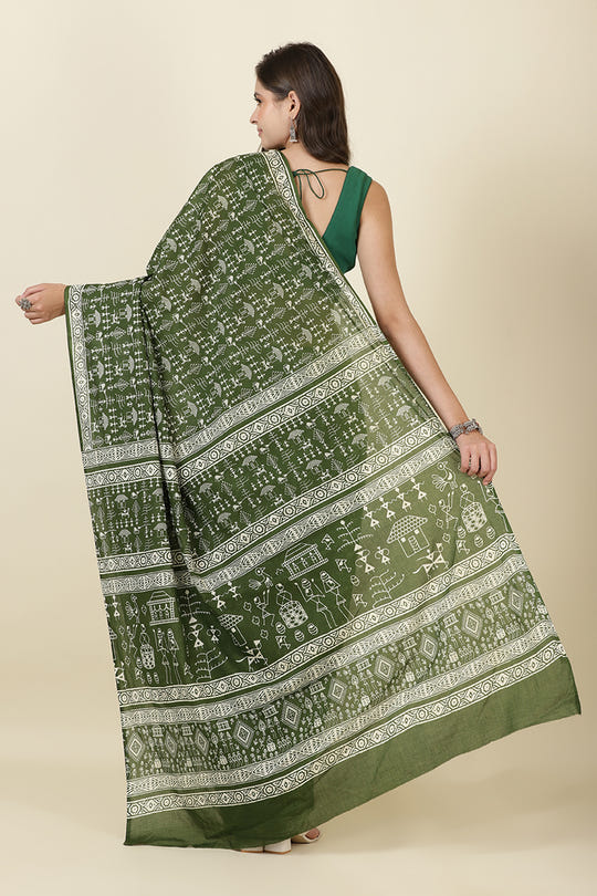 Green Cotton Dhabu Printed Saree