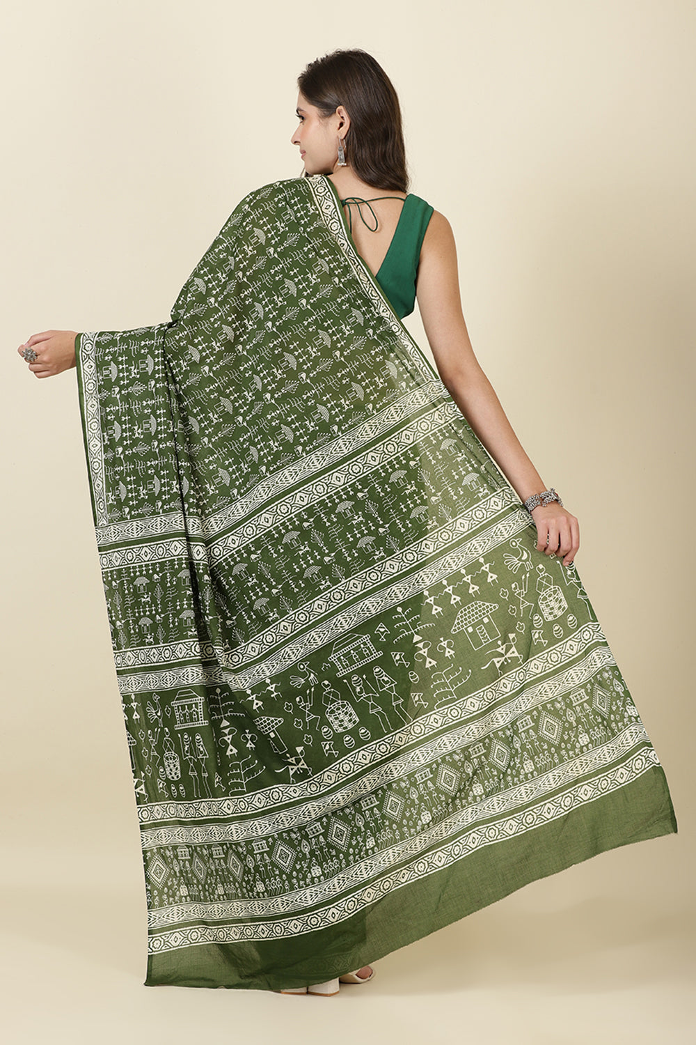 Green Cotton Dhabu Printed Saree