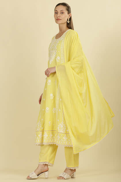 Pale Yellow Cotton Resham Floral Embroidered Anarkali Suit Set