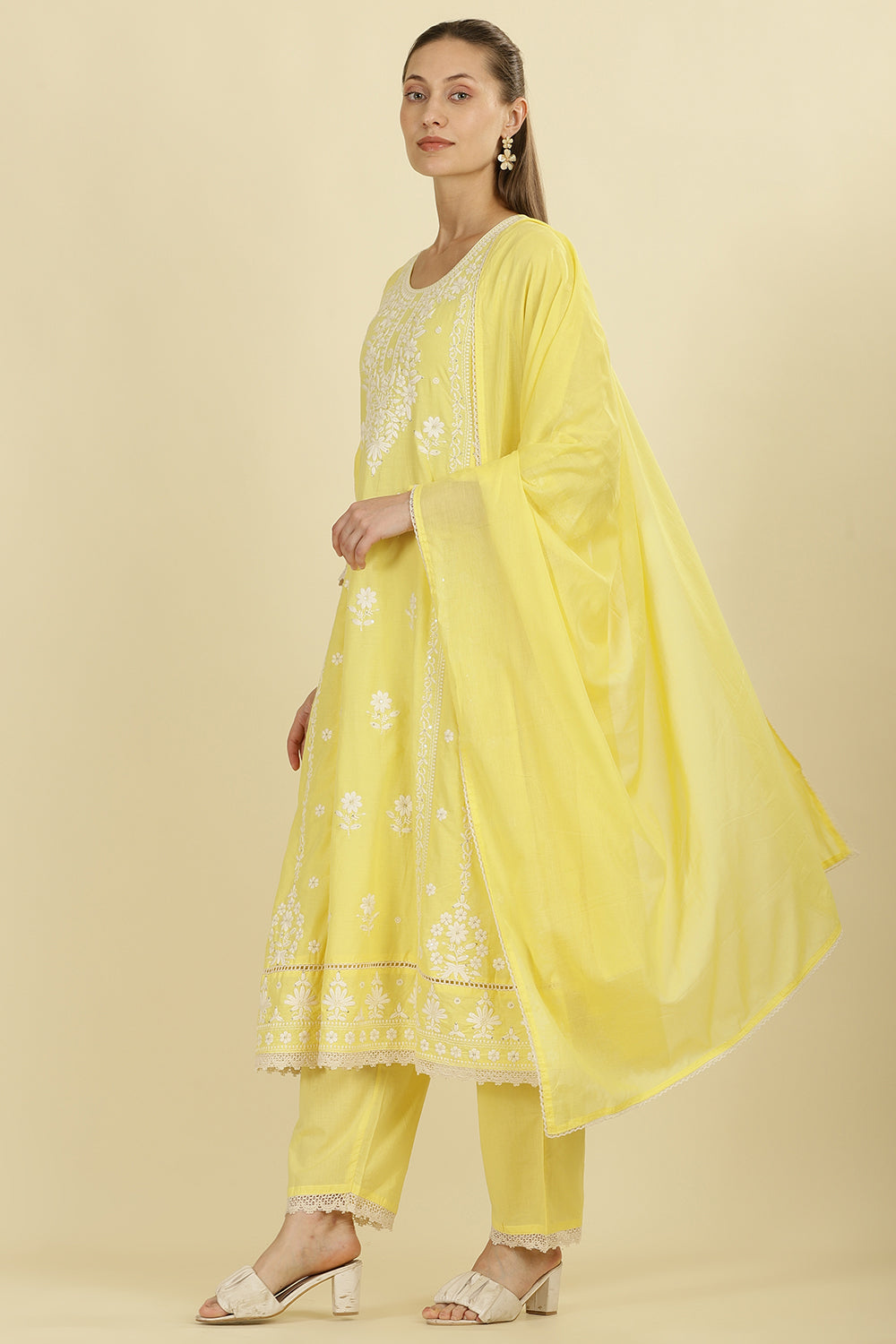 Pale Yellow Cotton Resham Floral Embroidered Anarkali Suit Set