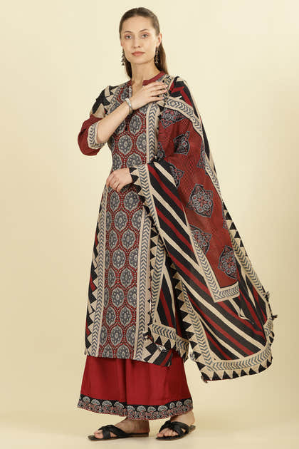 Maroon Muslin Ajrakh Printed Suit with Palazzo