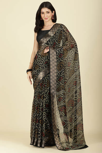 Black Color Chiffon Bandhani Printed Saree
