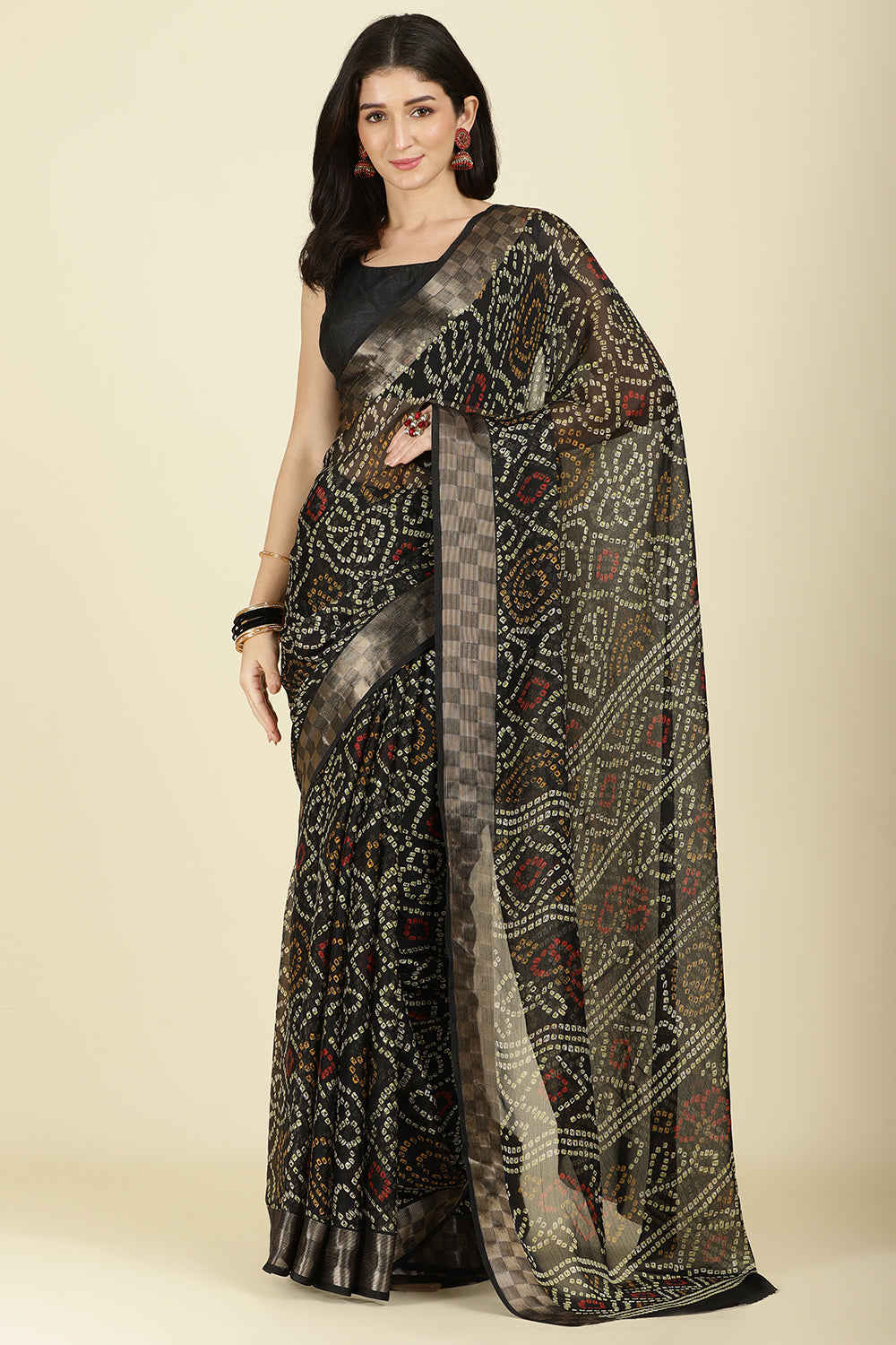 Black Color Chiffon Bandhani Printed Saree