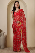 Red Chiffon Zari Border & Floral Printed Saree