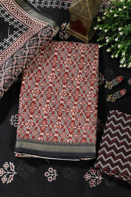 Maroon Cotton Ajrakh Block Print Unstitched Suit Material