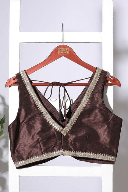 Brown Tussar Silk Zari And Sequins Embroidered Readymade Blouse