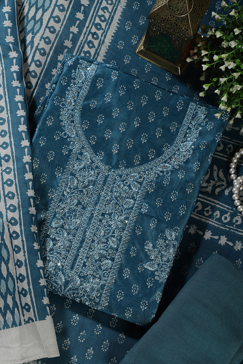 Blue Chanderi Silk Printed And Embroidered Unstitched Suit Material
