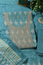 Turquoise Chanderi Silk Neck Embroidered Unstitched Suit Material