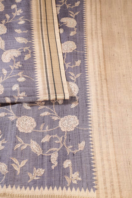 Grey Cotton Silk Floral Printed Saree