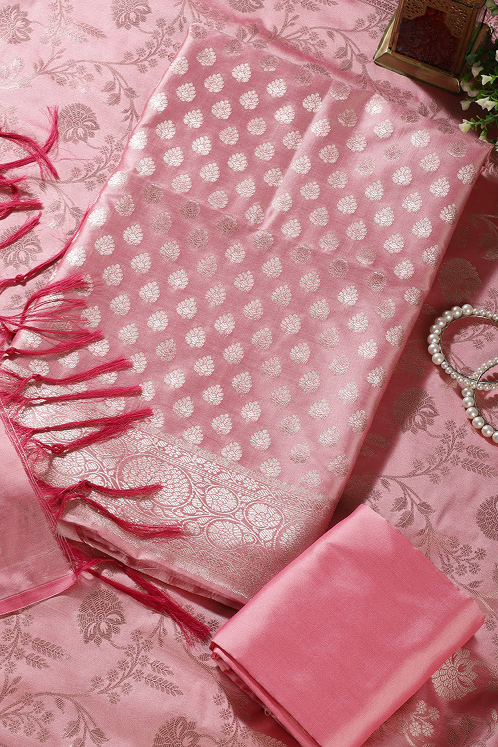Pink Silk Buta Motifs Woven Unstitched Suit Fabric