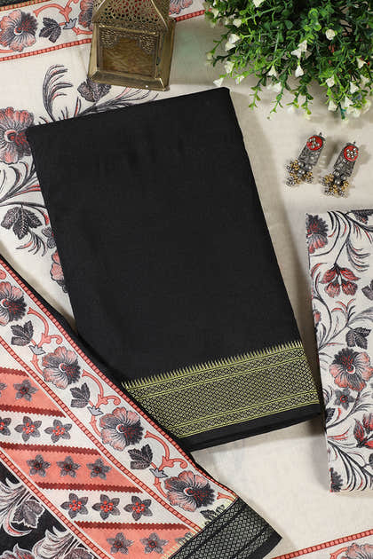 Black Cotton Unstitched Suit Material With Floral Printed Dupatta & Salwar