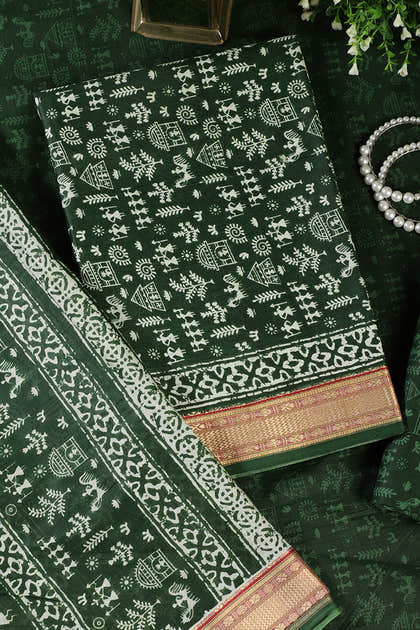 Bottle Green Warli Print Cotton Unstitched Suit Material