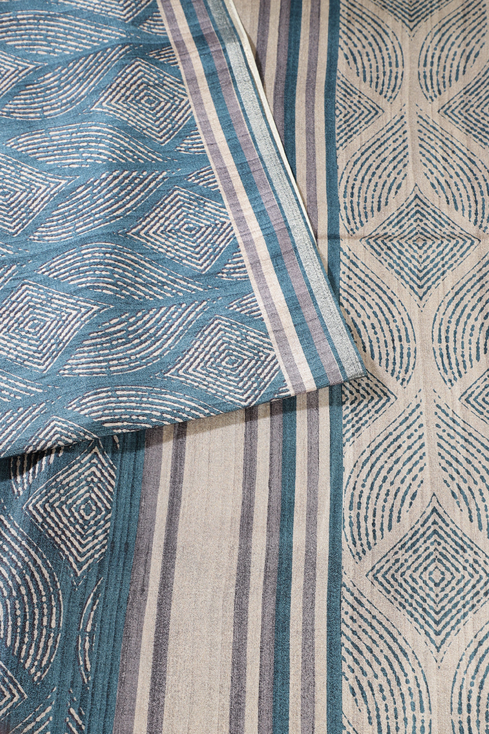 Beige & Pecific Blue Tussar Silk Printed Saree