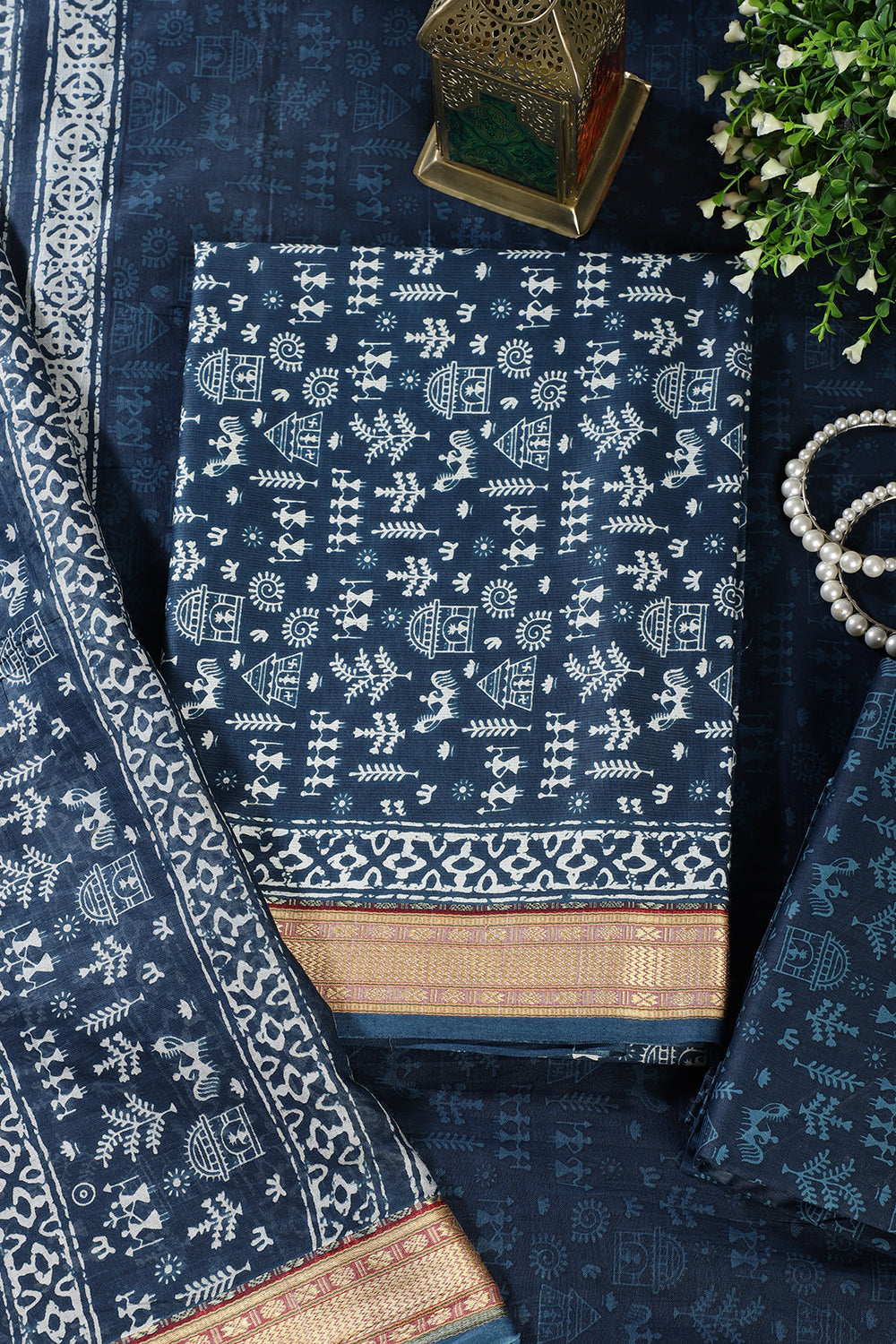 Navy Warli Print Cotton Unstitched Suit Material