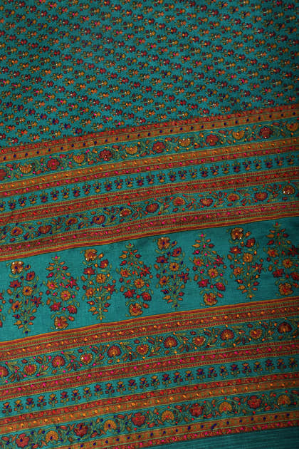 Teal Silk Printed And Hand-Knot Work Saree