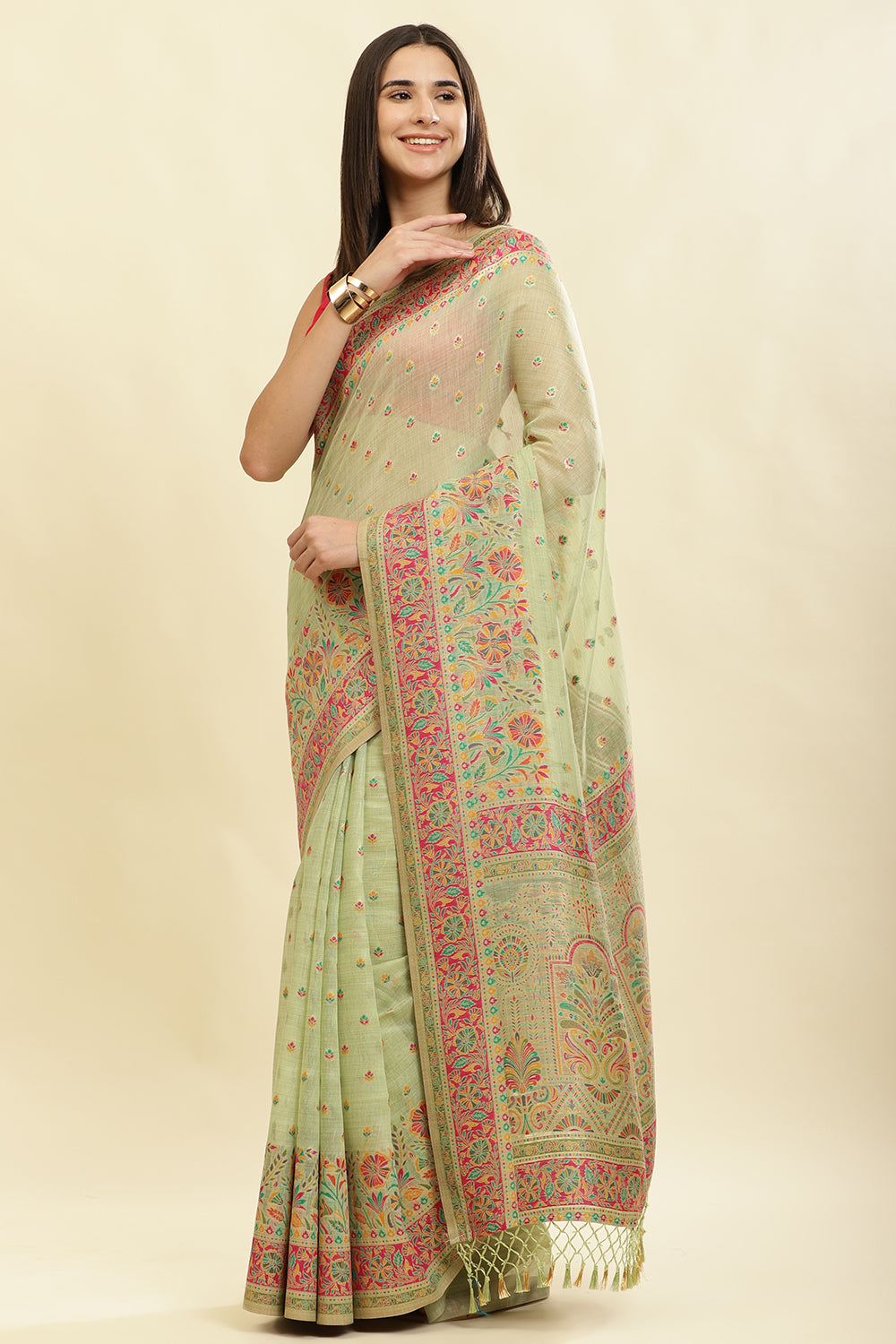 Pista Green Chanderi Cotton kashida Weaves Saree