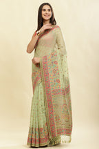 Pista Green Chanderi Cotton kashida Weaves Saree