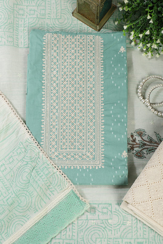 Sea Green Colour Cotton Printed & Resham Neck Embroidered Unstitched Suit
