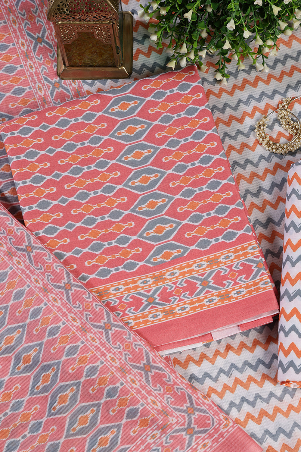 Peach Malmal Cotton Printed Unstitched Suit Material