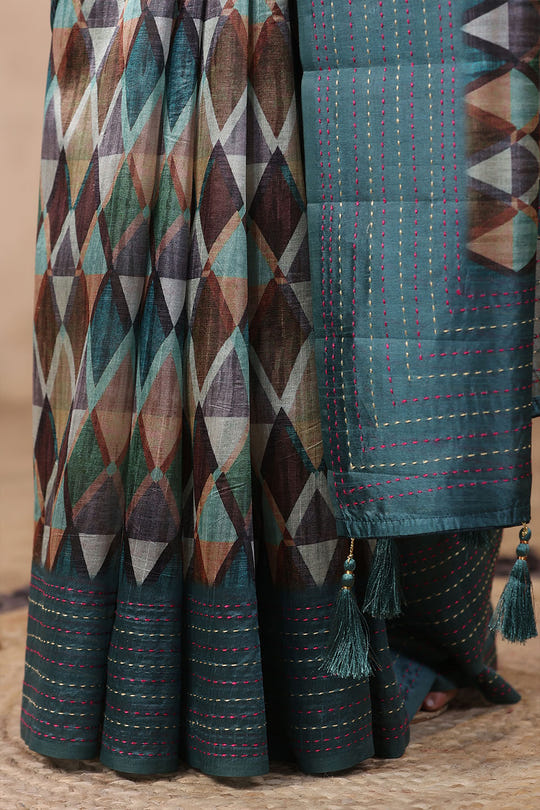 Teal Color Tussar Cotton Printed Saree
