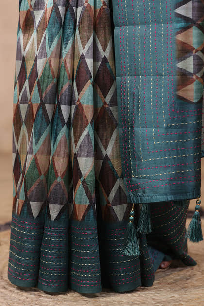 Teal Color Tussar Cotton Printed Saree