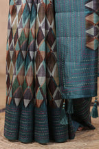 Teal Color Tussar Cotton Printed Saree