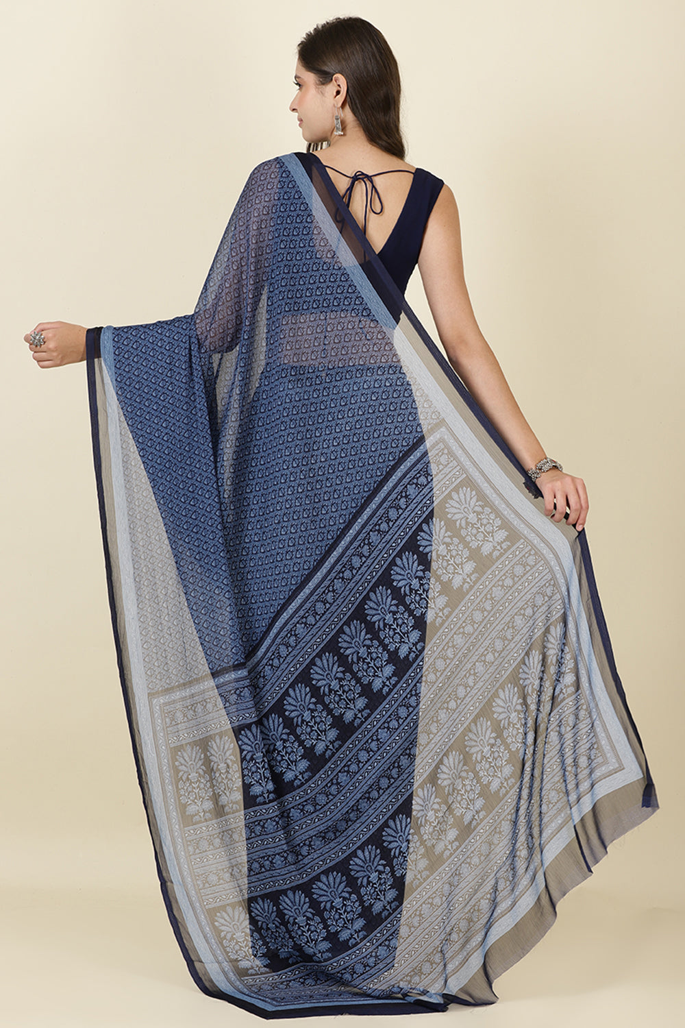 Navy Georgette Printed Saree