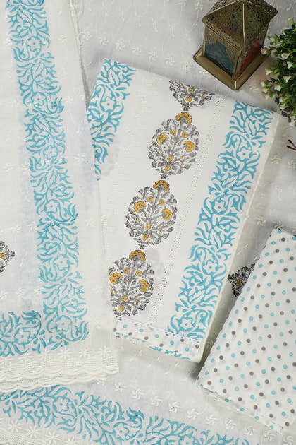 Cream & Blue Printed And Resham Embroidered Unstitched Suit Fabric