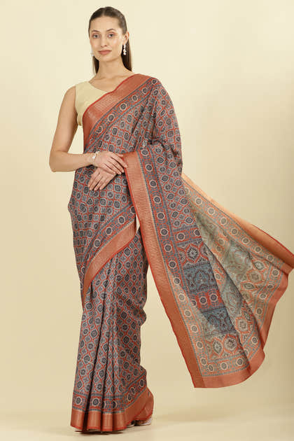 Rust Ajrakh Block Printed Cotton Saree