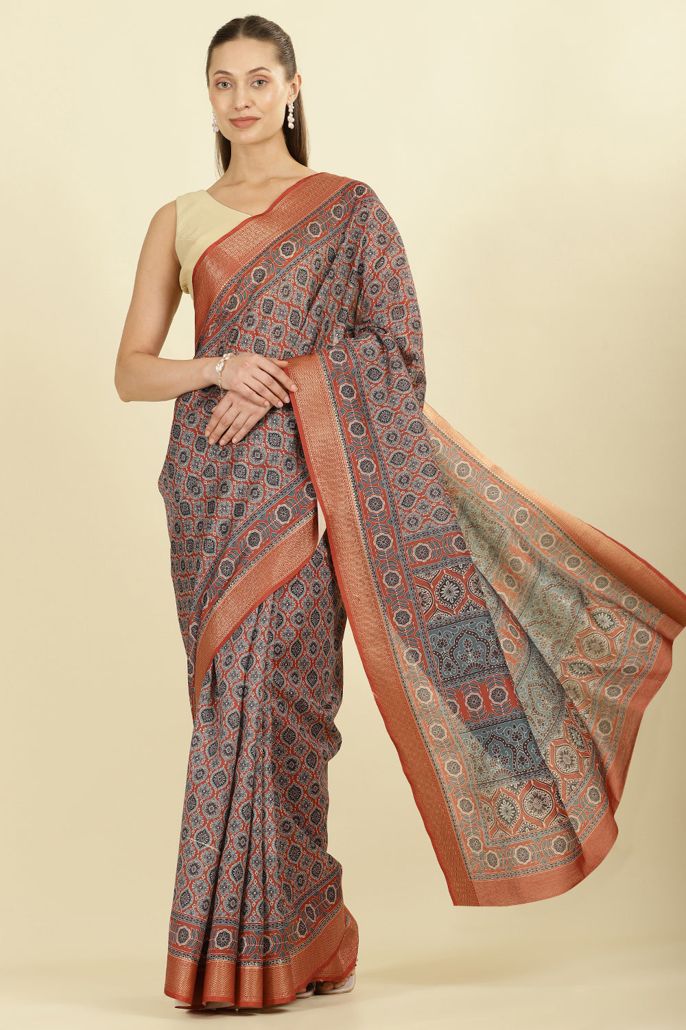 Rust Ajrakh Block Printed Cotton Saree
