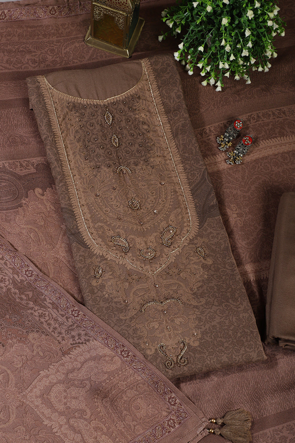 Brown Floral Jaal Printed Spun Unstitched Suit Material