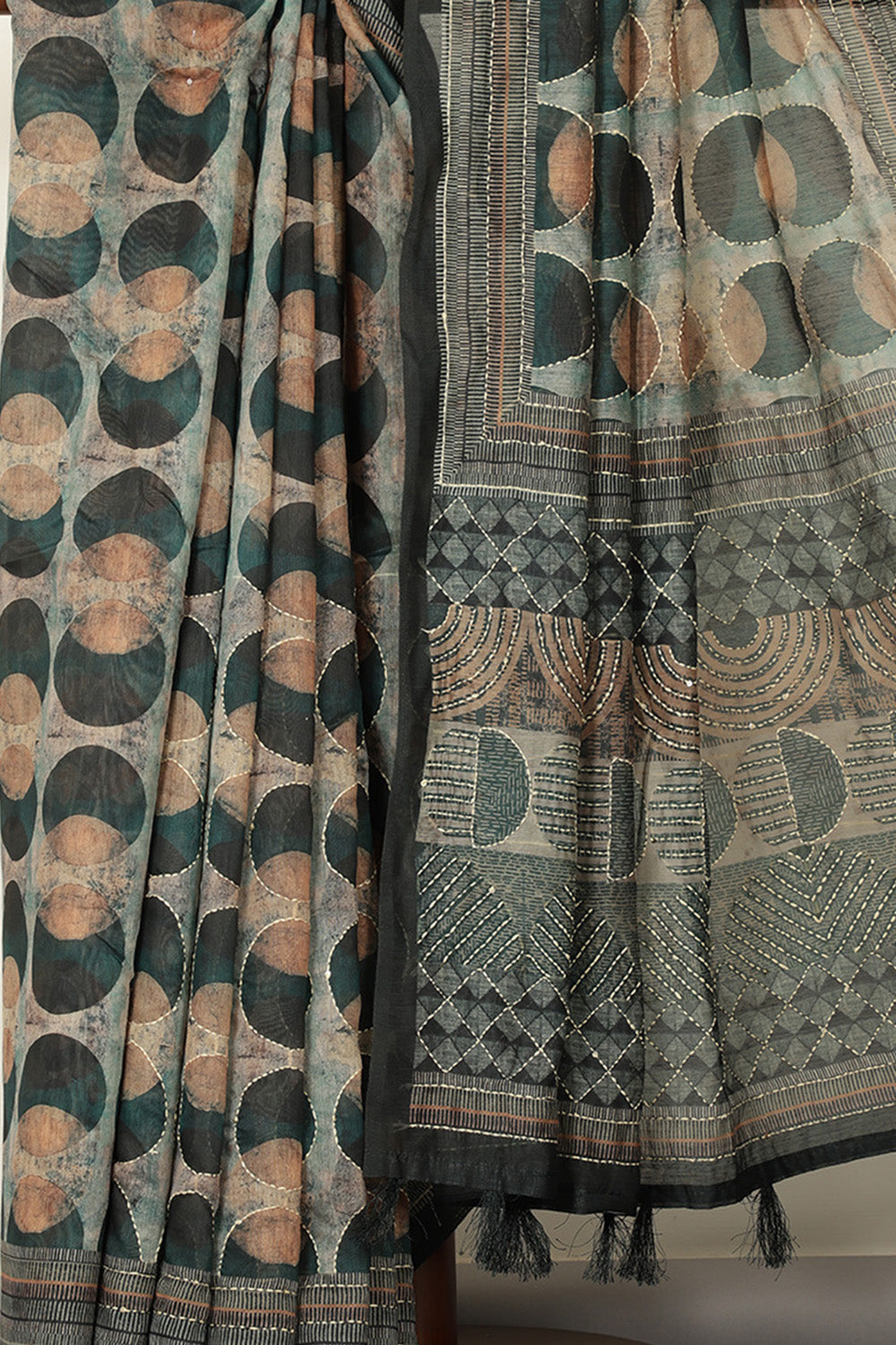 Teal & Green Cotton Block Printed Saree