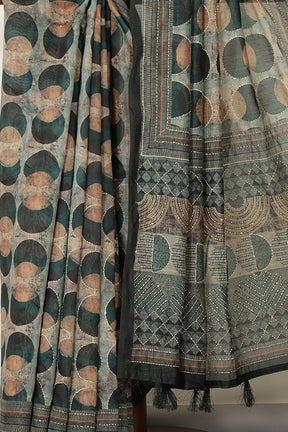 Teal & Green Cotton Block Printed Saree