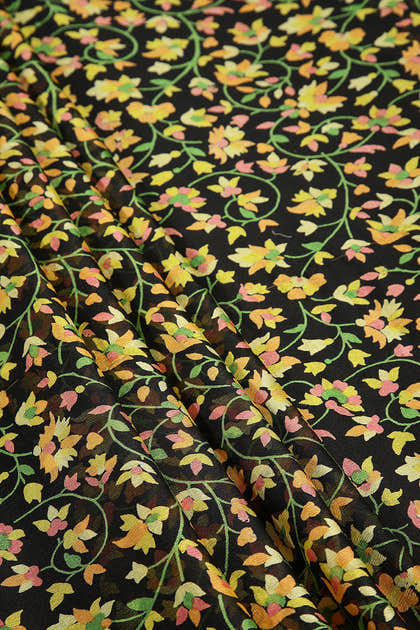 Black Color Chiffon Floral Zari Border Printed Saree