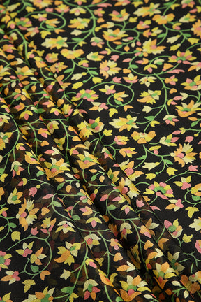 Black Color Chiffon Floral Zari Border Printed Saree