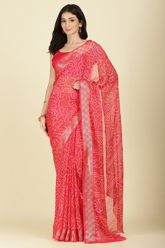 Fuchsia Pink Colour Chiffon Bandhani Printed Saree