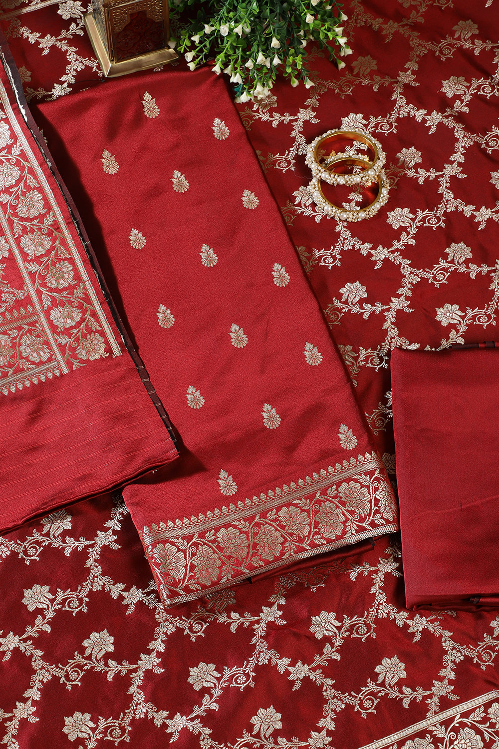 Maroon Banarsi Silk Zari Woven Unstitched Suit