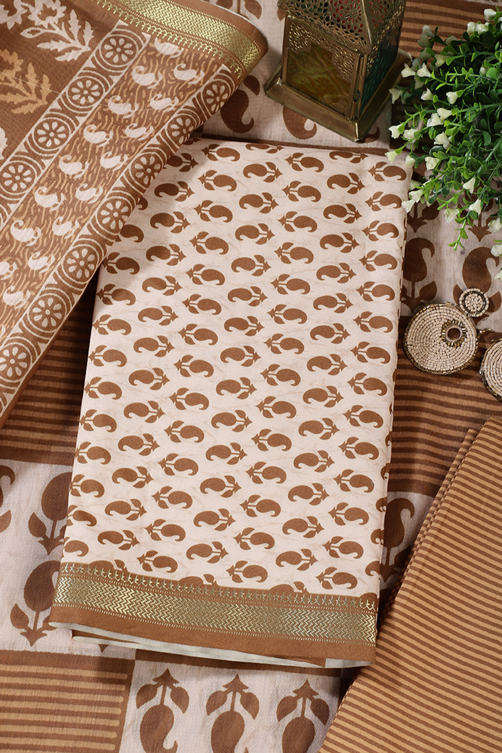 Cream & Brown Cotton Dabu Block Print Unstitched Suit Material