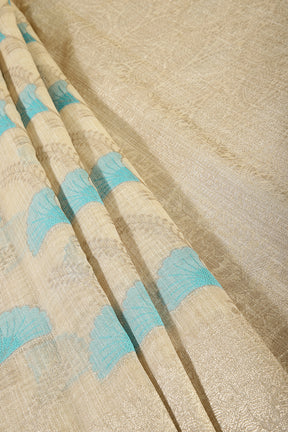 Beige & Turquoise Color Chanderi Cotton Zari Woven Saree