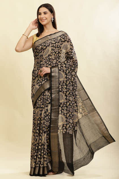 Black Floral Printed & Zari Border Cotton Silk Saree