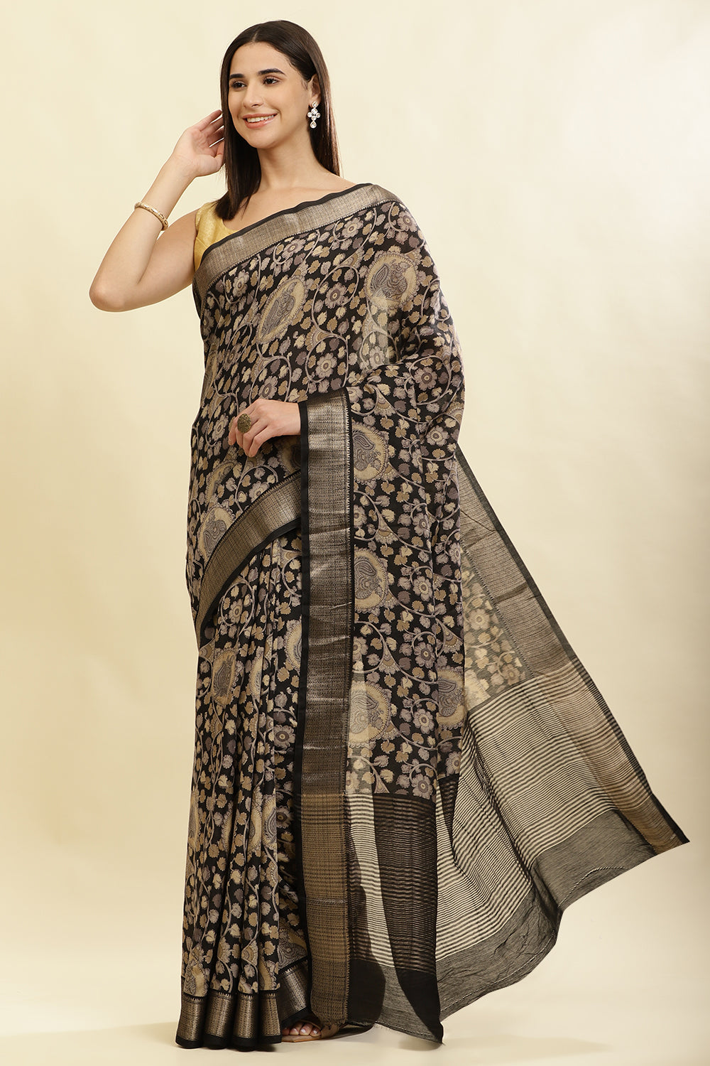 Black Floral Printed & Zari Border Cotton Silk Saree