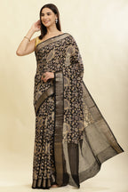 Black Floral Printed & Zari Border Cotton Silk Saree